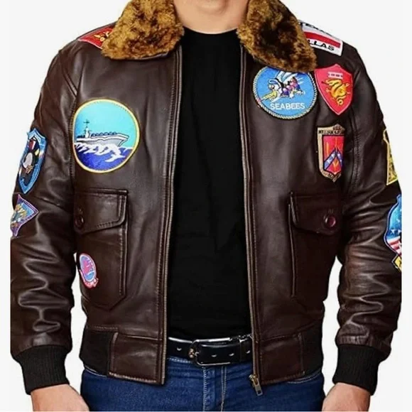 Men's Cockpit Aviator Leather Bomber Jacket with Patches L Large - Picture 2 of 16